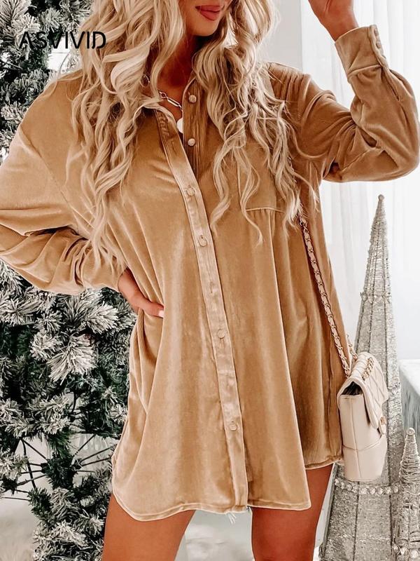 Women's Button Front Pocket Shirt Velvet Dress, Casual Drop Shoulder Long Sleeve Collared Mini  Dress for Daily Wear, Ladies Clothes for All Seasons